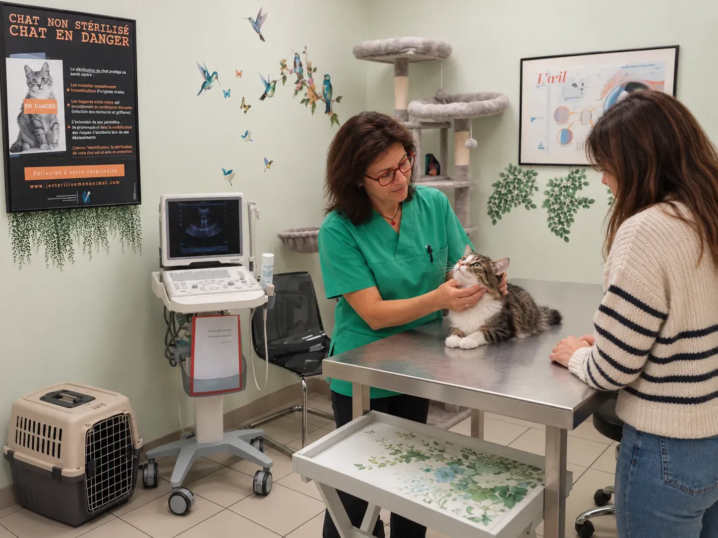 Consultation vétérinaire : examen d’un chat en présence de sa propriétaire